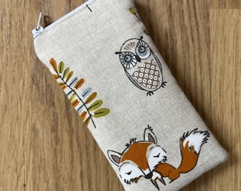 Handmade Glasses Sunglasses Zipped Case Made Using Fryett's Woodland Fox Fabric