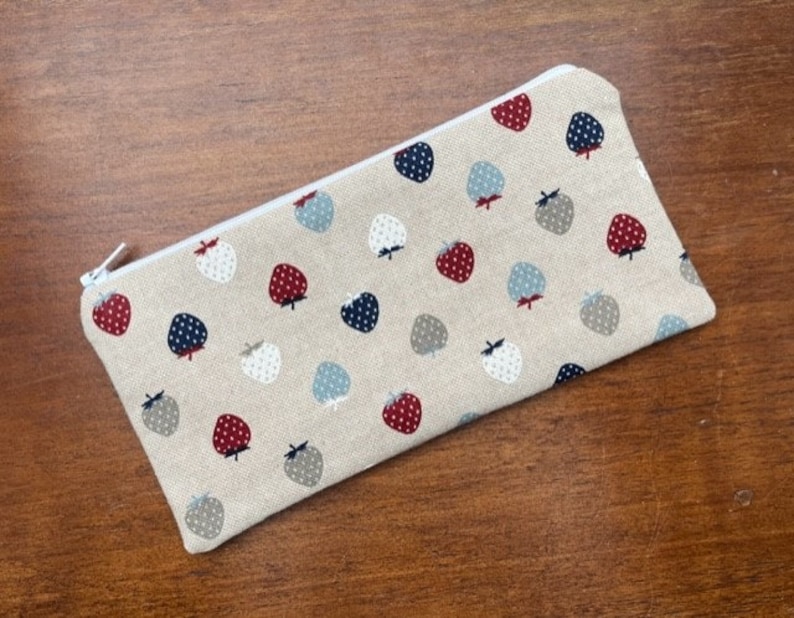 Handmade Pencil Case Make-Up Case Glasses Case Made Using Linen Look Multi Strawberry Fabric image 1