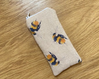 Handmade Glasses Sunglasses Zipped Case Pouch Made With Bumblebee Linen Fabric