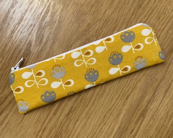 Handmade Skinny Pencil Case (20 x 5cm) Made Using Scandi Ochre Flowers Fabric