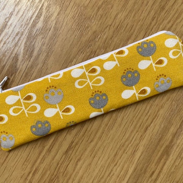 Handmade Skinny Pencil Case (20 x 5cm) Made Using Scandi Ochre Flowers Fabric