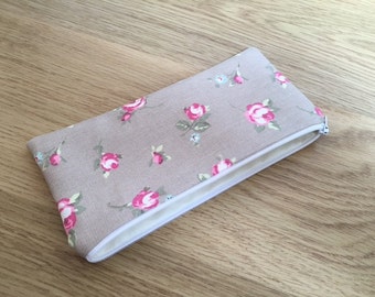 Handmade with Clarke & Clarke Rosebud Taupe Fabric - Pencil Case/Make-Up Case/Glasses Case