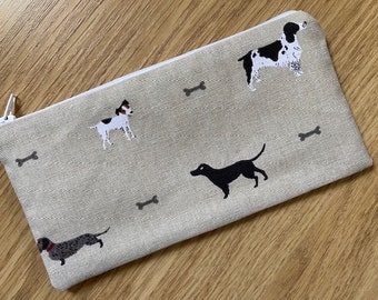 Handmade Pencil Make-Up Glasses Case Made Using Sophie Allport Woof Dog Fabric