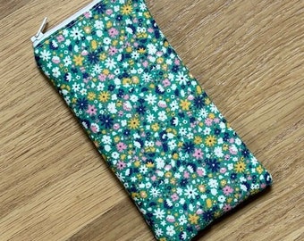 Handmade Glasses Sunglasses Zipped Case Pouch Made With Liberty of London Bloomsbury Blossom Green Fabric