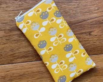 Handmade Glasses Sunglasses Zipped Case Pouch Made With Scandi Floral Ochre Print Fabric