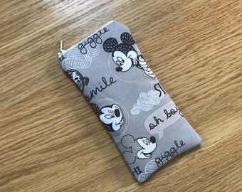 Handmade Glasses Sunglasses Zipped Case Pouch Made With Disney Mickey Mouse Grey 'Oh Boy!' Fabric