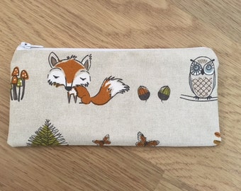 Handmade with Fryett's Woodland Fox Fabric - Pencil Case/Make-Up Case/Glasses Case