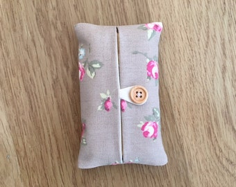 Packet Tissue Holder Handmade With Clarke and Clarke Rosebud Taupe Fabric