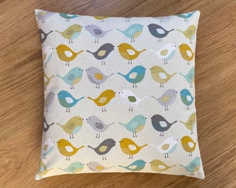 Handmade 16" cushion cover made using Fryett's Ochre Scandi Birds fabric