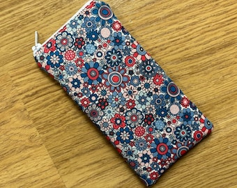 Handmade Glasses Sunglasses Zipped Case Pouch Made With Liberty of London Paradise Petals Blue Fabric