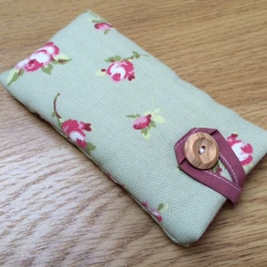Handmade Padded iPhone Case Pouch Sleeve Made Using Clarke And Clarke Rosebud Sage Fabric - Made To Fit All Sizes - 13, 14, 15, 16 and 17