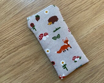 Handmade Glasses / Sunglasses Zipped Case Pouch Made Using Woodland Friends Fabric