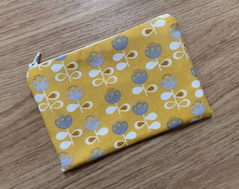 Handmade Large Zipped Coin Purse (18x12cm) Made With Scandi Ochre Flowers Fabric