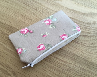 Handmade zipped coin purse made with Clarke & Clarke Rosebud Taupe fabric