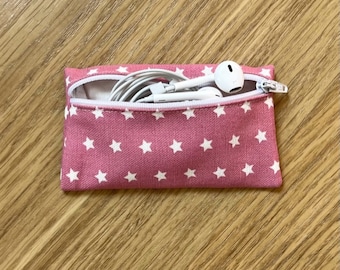 Handmade Earphone Earbud Zipped Case Made Using Pink Twinkle Fabric