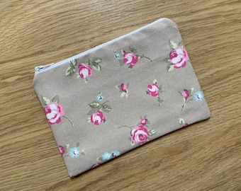 Handmade Large Zipped Coin Purse (18x12cm) Made With Clarke & Clarke Rosebud Taupe Fabric