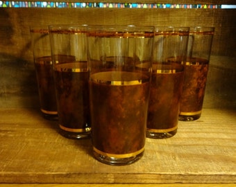 Set of 6 1960s vintage brown and gold glasses