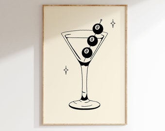 8 Ball Martini | Trendy Bar Cart Poster | Cool Girl Cocktail Magic Pool Billiards Apartment Art | Printable Wall Dorm Decor