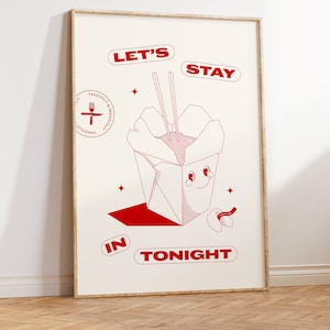 Let&#39;s Stay In - Takeout & Makeout Digital Print | Trendy Dorm Poster | Chinese Takeaway Printable Wall Art Decor - Red and White