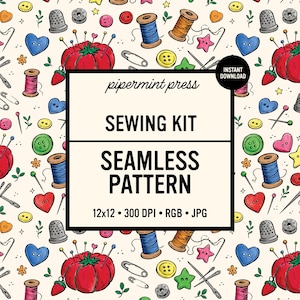 Sewing Kit Seamless Pattern - Kitschy Craft Illustration - Digital Repeat for Commercial Use