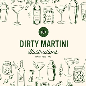 Illustrationer av Dirty Martini-linjer: Olive Gin Vodka Vermouth Cocktail (PNG, SVG, Vektor)