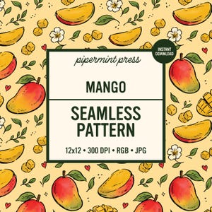 May include: A seamless pattern featuring mangoes, mango slices, and small cubes on a light yellow background. A central white square contains the text: pipermint press, MANGO, SEAMLESS PATTERN, 12x12, 300 DPI, RGB, JPG. A small black circle says INSTANT DOWNLOAD.