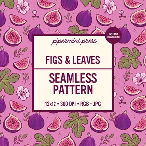May include: A seamless pattern featuring purple figs, green leaves, and small pink flowers on a light pink background. A central white square contains the text: pipermint press, FIGS & LEAVES, SEAMLESS PATTERN, 12x12, 300 DPI, RGB, JPG.