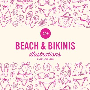 Puede incluir: Una colección de ilustraciones de playa y bikinis dibujadas a mano en rosa sobre un fondo crema. El conjunto incluye bikinis, bañadores, chanclas, sombreros, gafas de sol, bolsos, hojas, flores y conchas con el texto 30+ BEACH & BIKINIS illustrations AI EPS SVG PNG.