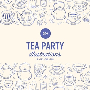Puede incluir: Una colección de ilustraciones de línea azul con teteras, tazas de té, platillos, bolsitas de té y frascos sobre un fondo crema. El texto central dice 70+ TEA PARTY illustrations AI EPS SVG PNG, rodeado de varios elementos gráficos.