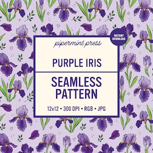 Purple Iris Seamless Pattern - Spring Flower Illustration - Digital Repeat for Commercial Use
