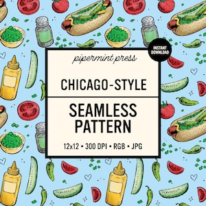 Peut inclure: Un motif répétitif sur fond bleu clair illustrant des hot-dogs, des tranches de tomates, des cornichons, des bouteilles de moutarde, des salières et des bols de relish. Le texte central indique pipermint press CHICAGO-STYLE SEAMLESS PATTERN 12x12 300 DPI RGB JPG.
