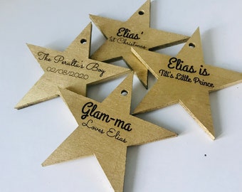 Personalized Gold Wood Star Christmas Ornament: Laser Cut Name