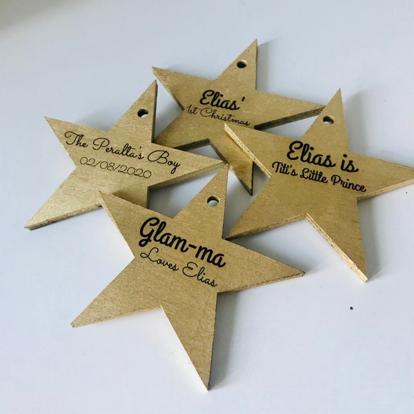 Personalized Gold Wood Star  ornaments -personalized ornament laser cut names CHRISTMAS custom gift tags wood Christmas Decor
