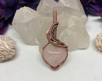 Rose quartz heart wire wrapped pendant, heart pendant, wire wrapped heart in antiqued copper | B’Jeweled DZines