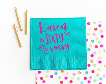 60 and sassy napkins, 60th birthday napkins, 60th birthday party decor, Adult birthday napkins, Personalized birthday napkins, Customizable