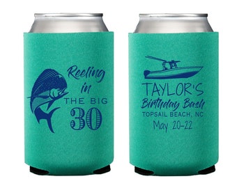 Fishing birthday can cooler, Deep sea fishing can cooler, Reeling in the big one, 30th birthday hugger, Personalized can cooler, mahi mahi