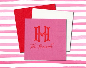 Valentines gift idea, Monogrammed Valentines napkins, Personalized Valentines napkins, Red and pink napkins, Vintage monogram napkins