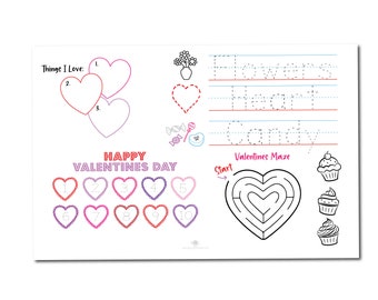 Valentines activity, Valentines coloring sheet, Valentines placemats, Valentines gift for kids, Valentines gift for toddler, Kids placemat