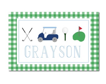 personalized golf placemat, kid placemat, personalize placemat for kid, toddler placemat, golf placemat, laminated placemat, golf birthday