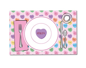Personalized Valentines Day placemat, Valentines place mat for kids, Candy heart decor, Laminated placemat, Valentines gift idea