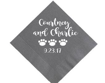 Paw print napkins, wedding reception napkins, dog lover wedding napkins, personalized napkins, custom napkins, personalized cocktail napkins