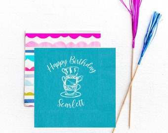Tea party birthday napkins, Tea party decor, Birthday par tea, Personalized napkins, Girls birthday party, Tea party favor, Tea cup napkins