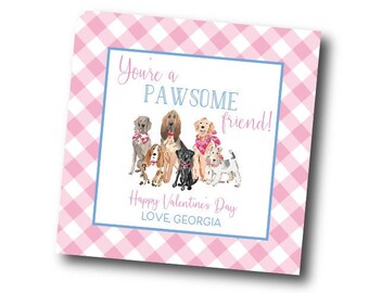 Valentines gift tag, Dog Valentine, Pawsome Valentine, Dog lover valentine, Puppy valentine, Kids Valentines tag, Pink gingham gift tag