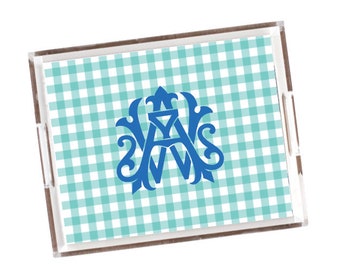 Acrylic tray, Monogrammed tray, Gingham tray, Lucite tray with insert, Personalized tray, Personalized gift, Acrylic decor, Serving tray