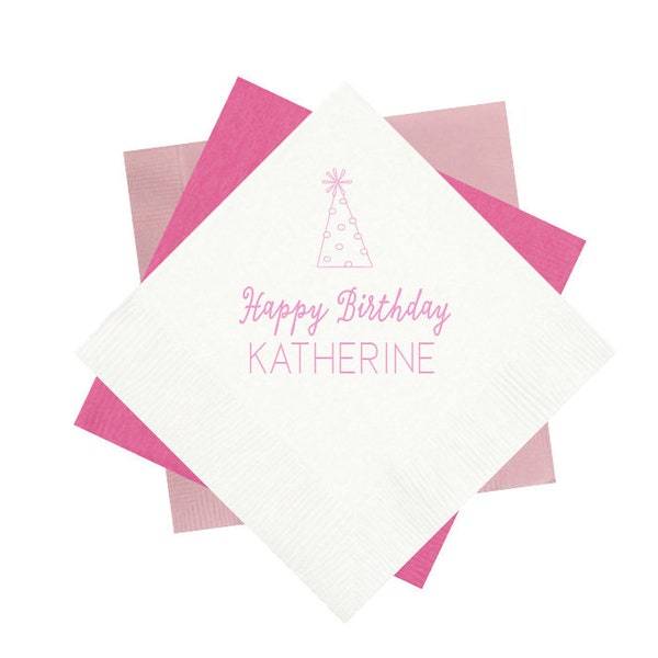 Birthday napkins, Kids birthday decor, Non theme birthday decor, Party hat napkins, First birthday napkins, Personalized napkins