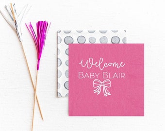 Baby shower napkins, Baby girl shower, Bow theme, Bow napkins, Personalized napkins, Foil stamped napkins, Girl birthday napkin, Pink napkin