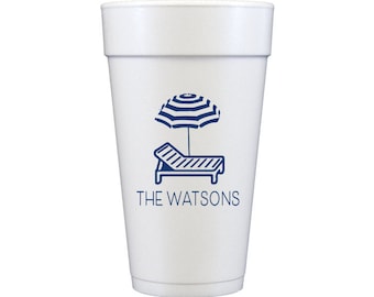 May include: White foam cup with a blue illustration of a beach chair and umbrella. The text "THE WATSONS" is printed below the illustration.
