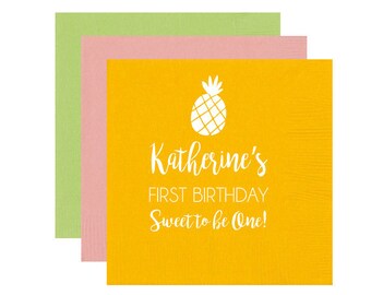 Pineapple birthday napkins, Pineapple birthday theme, Tropical birthday party favors, Fruity first birthday party, Personalized napkin