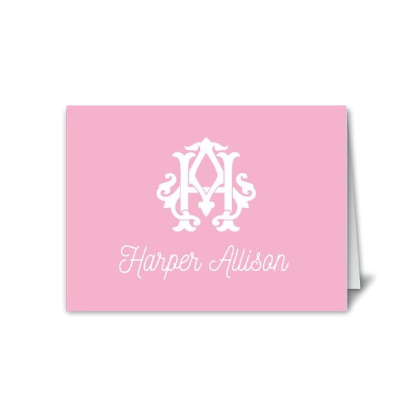 Monogram stationery, Pink stationery, Monogrammed notecards, Personalized stationery, Monogram notecards, folded notecards, vintage monogram