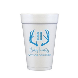Baby boy shower, Baby shower cups, Personalized cups, Baby shower foam cups, Baby shower party favor, Antler cups, Rustic baby shower favor
